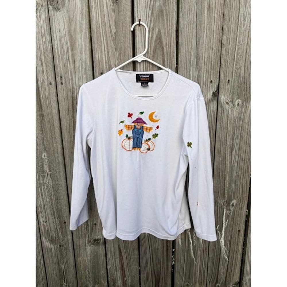 Fall Autumn Scarecrow Designers Originals Studio Treat Top L White Embroidered